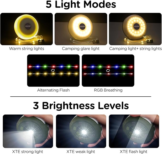 OGERY 3-Pack Camping String Lights, 4 in 1 Quick Storage 32.8FT Rechargeable - Image 3