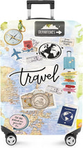 ANNA QUEEN Travel Collage Luggage Cover, World Map & Sticker Style Suitcase by ANNAQUEEN