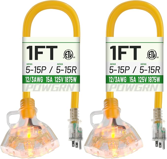 POWGRN 1 FT 2 Pack 12/3 Gauge Extension Cord by POWGRN