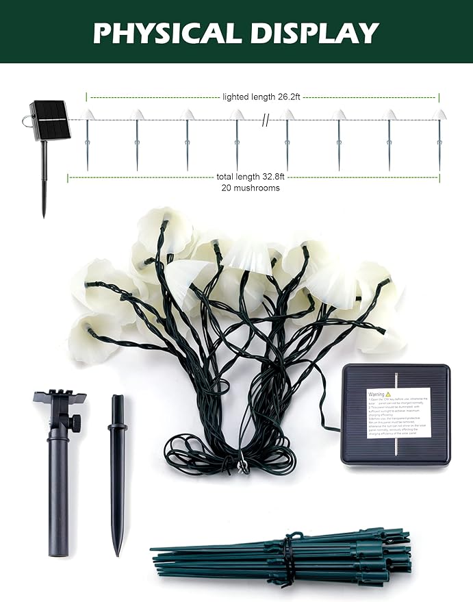 Solar Mushroom Garden Lights for Outside, 20 LED 32.8FT Solar Pathway Lights - Image 6