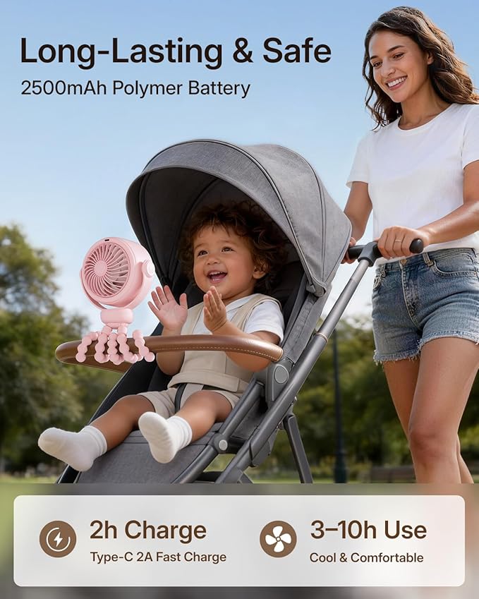 SWEETFULL Portable Stroller Fan, Pinch-Proof Baby Fan, 10H Battery, 5-Speed - Image 4