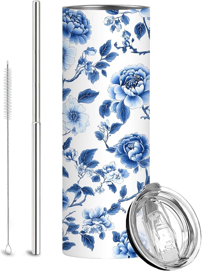 Firmiso 20 oz Tumbler｜Skinny Insulated Travel Mug｜Blue White Peony Chinoiserie by Firmiso