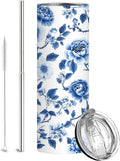 Firmiso 20 oz Tumbler｜Skinny Insulated Travel Mug｜Blue White Peony Chinoiserie by Firmiso