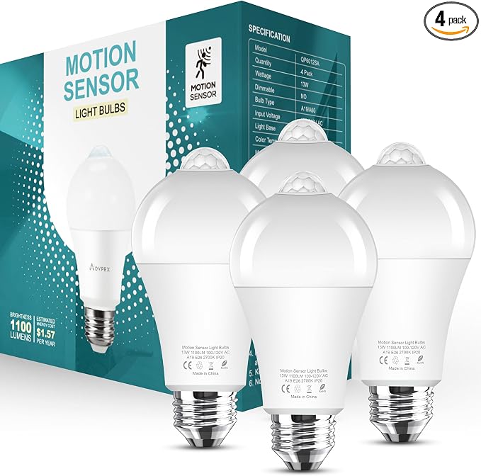 Motion Sensor Light Bulbs Dusk to Dawn 13W 100W Equivalent 1100lm Movement by Aovpex