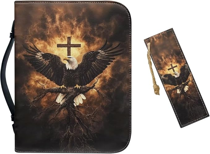 Small Bible Cover Case for Women Men Bald Eagle and Cross Print PU Leather by Unknown
