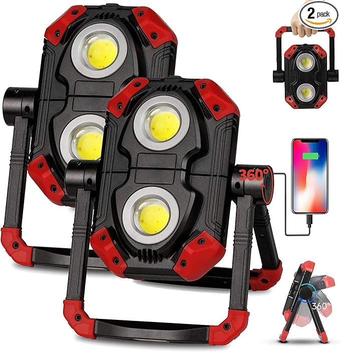 YZONI 2 Pack LED Work Light Rechargeable, 2 COB 2500LM Folding Portable Flood by InsideoroutsideYzonidelivers