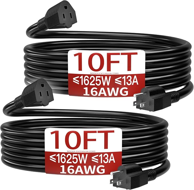 16/3 Short Extension Cord 10 FT 2 Pack, Indoor 3 Prong Power Cable, Suitable by Skrizcable