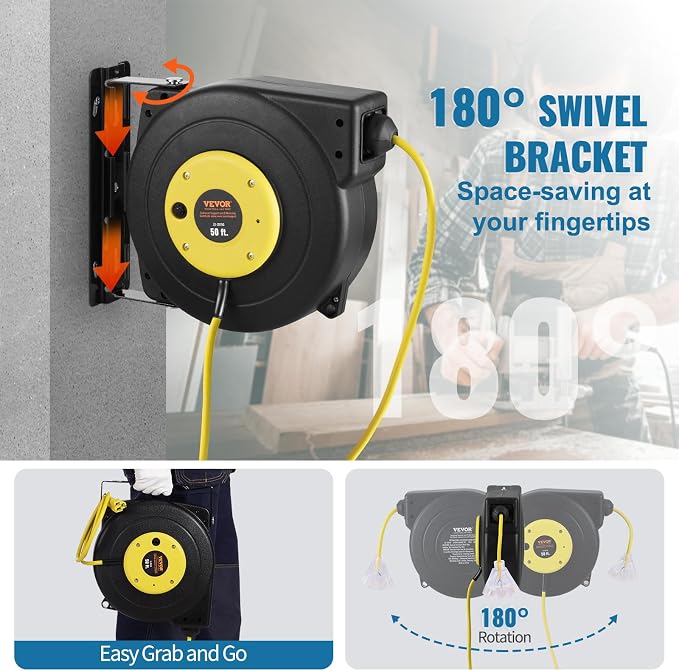 VEVOR Retractable Extension Cord Reel, 50 FT, Heavy Duty 14AWG/3C SJTOW - Image 6