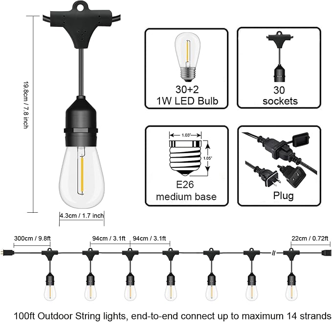 Outdoor String Lights LED 100FT Commercial Grade Heavy Duty Light String Lights - Image 2