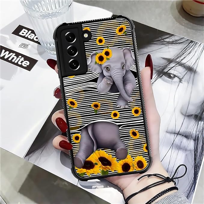 for Samsung Galaxy S21 Case, Cute Little Elephant Sunflower White Line Art - Image 7