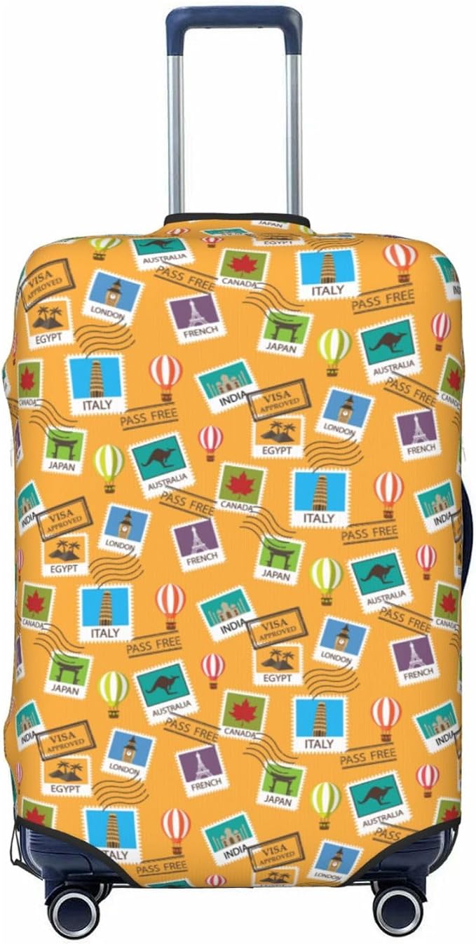 World Map & Stamps Print Elastic Luggage Cover, Suitcase Protector by XBFCDN