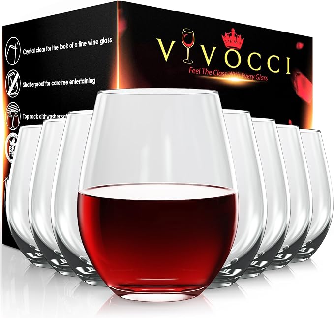 Vivocci Unbreakable Plastic Stemless Outdoor Wine Glasses 20 oz | Tritan Heavy by Vivocci