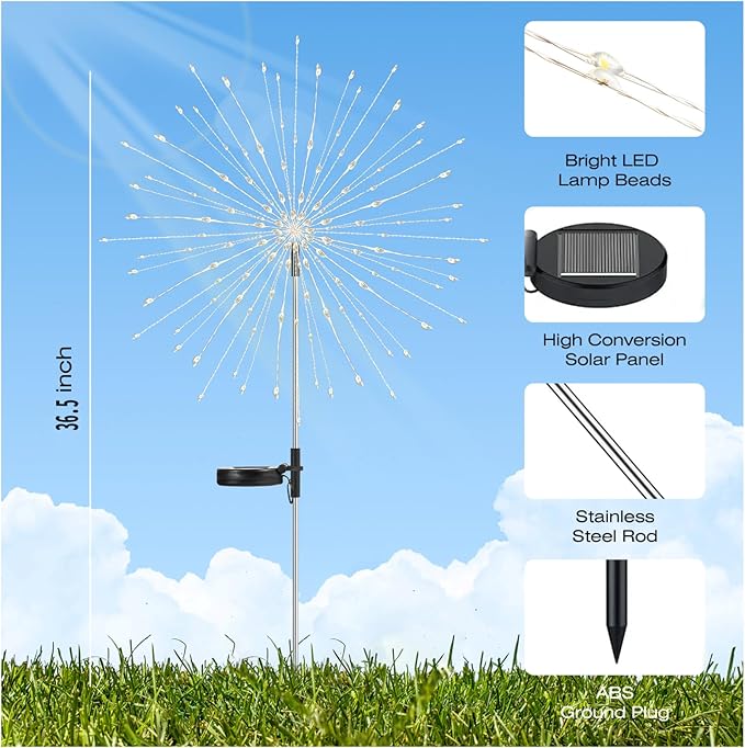 2 Pack 250LED Solar Garden Lights Outdoor, Dual Lighting Modes Firework Lights - Image 3
