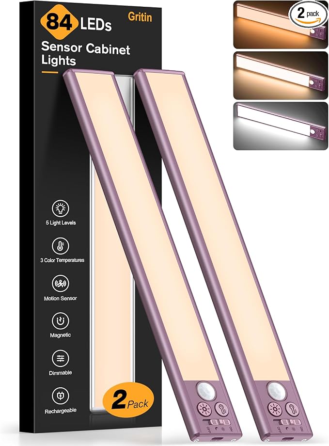 Gritin 10.2inch Under Cabinet Lighting Rechargeable 2 Pack- 3 Color Temps&5 by Gritin