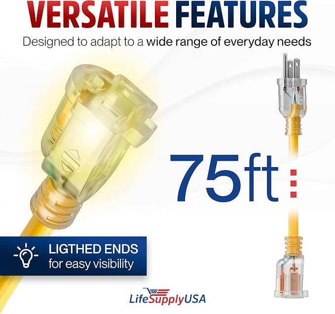 75ft Outdoor/Indoor Extension Cord 16/3 Gauge Heavy Duty 3 Prong SJTW, - Image 6