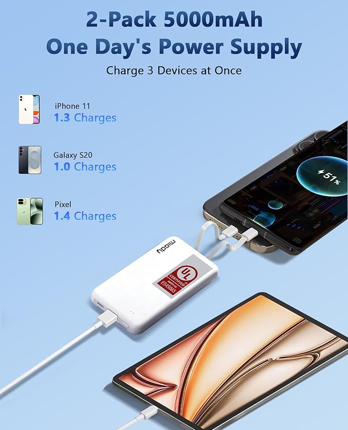 Miady 2-Pack Small Portable Charger UL Listed, 5000mAh Slim Power Bank Built-in - Image 5