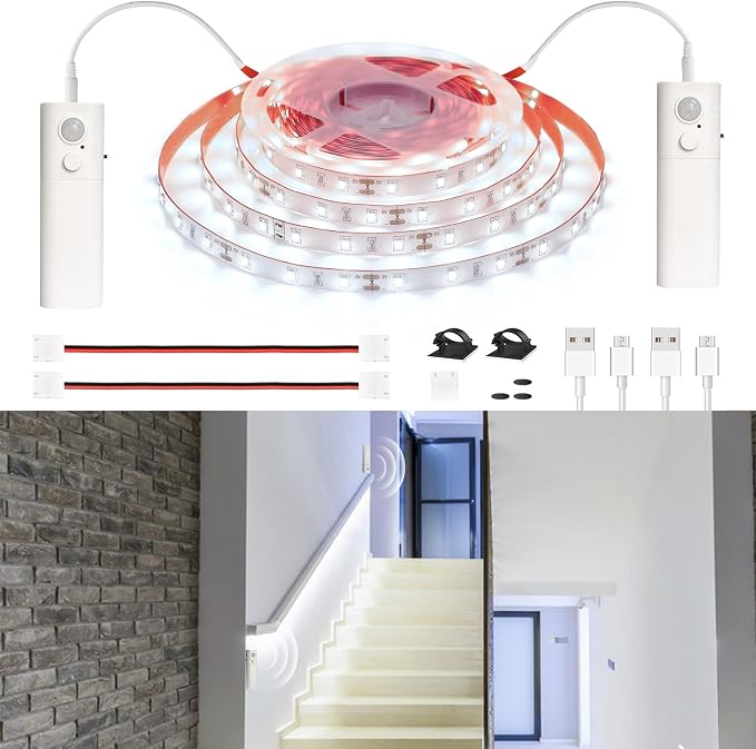 WOBANE Dual Motion Sensor Stair Lights Strip, Rechargeable 16.4ft LED Strip - Image 7