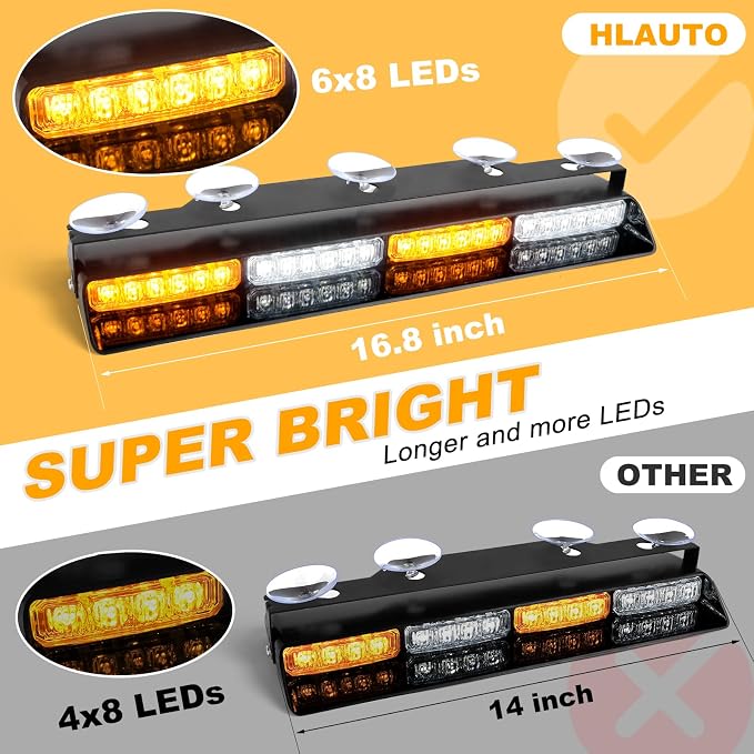 HLauto 6Z4J Emergency Dash Strobe Lights: 2x16.8 inch Amber White Safety Lights - Image 2