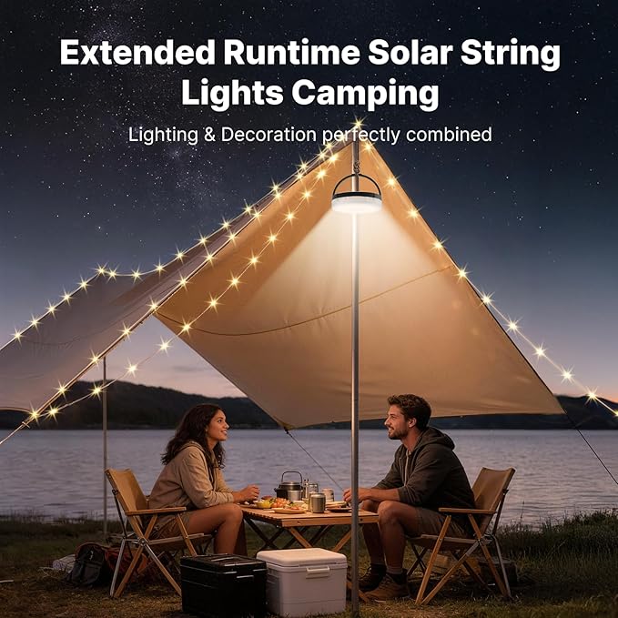OGERY Solar Camping String Lights, 5400mAh/ 49.2FT/ 11 Modes Rechargeable - Image 2
