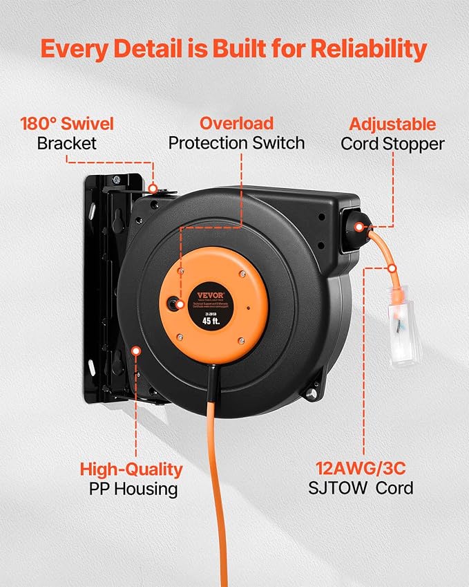 VEVOR Retractable Extension Cord Reel, 45 FT, Heavy Duty 12AWG/3C SJTOW Power - Image 3