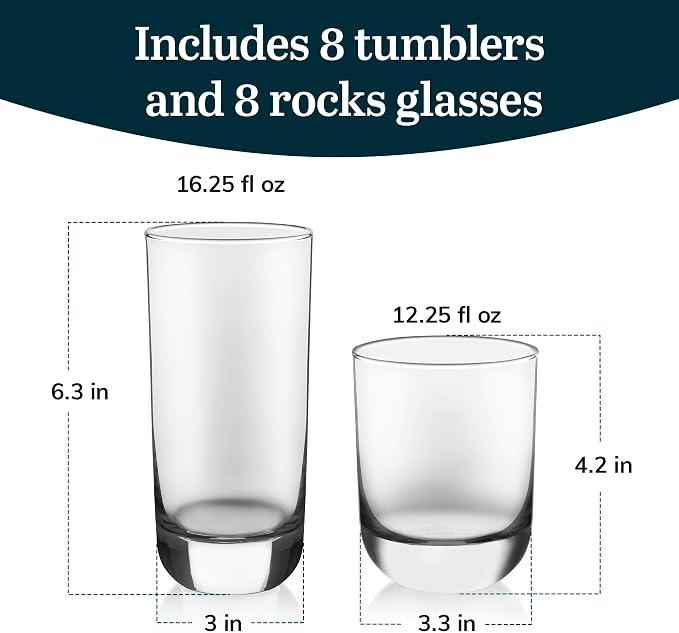 Libbey Drinking Glasses Polaris Tumbler and Rocks Set of 16, Sturdy Drinkware - Image 4