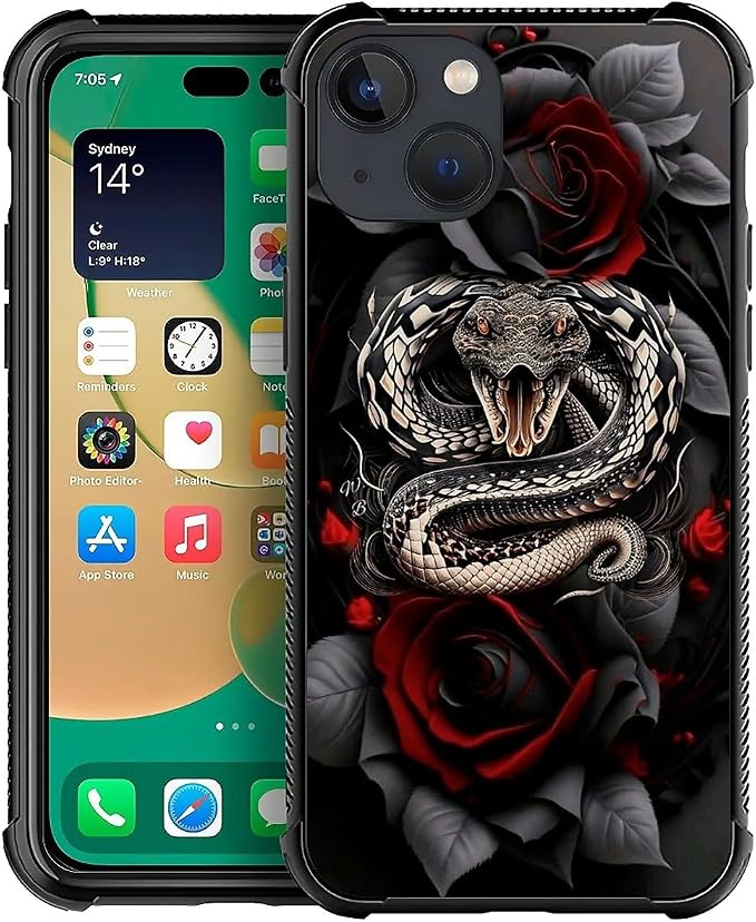 for iPhone 13 Mini Case, Entwined Rose Snake Pattern Graphic Design Girl Boy by FKBRCL4U