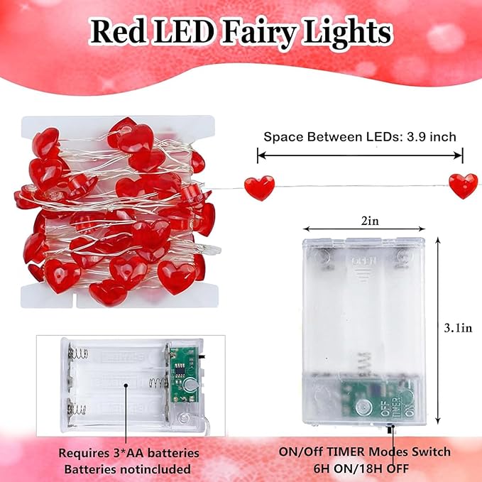 10FT Red Heart Fairy Lights Battery Operated - Image 4
