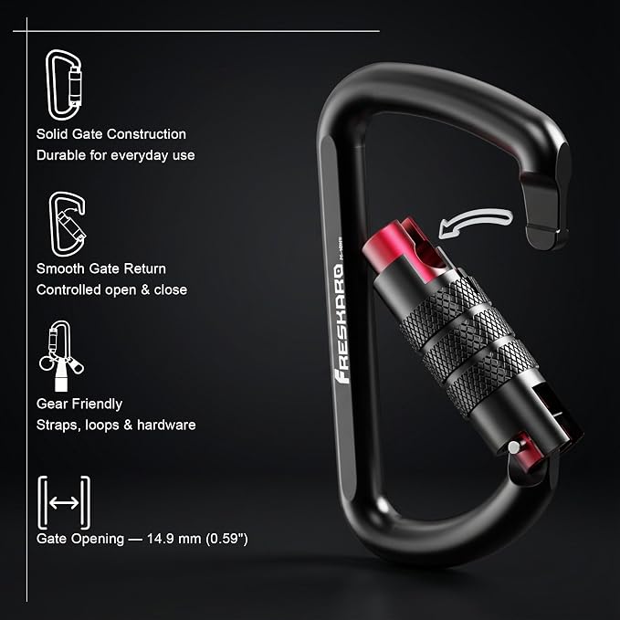 FresKaro 3inch 12kN-2698lbs Auto Locking Carabiner Clips, Solid D Shape - Image 3