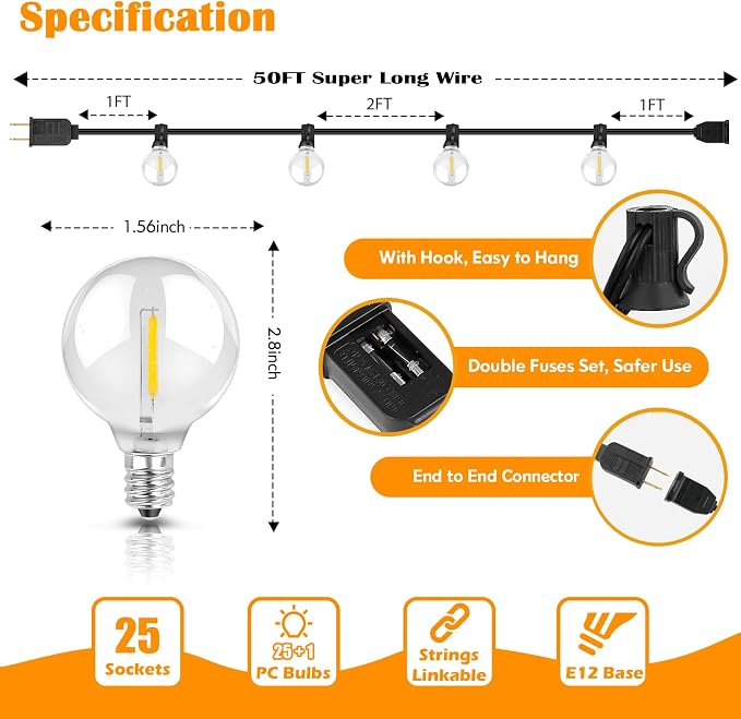 50FT Outdoor String Lights Waterproof, Bright 2700K LED Patio Lights String - Image 5