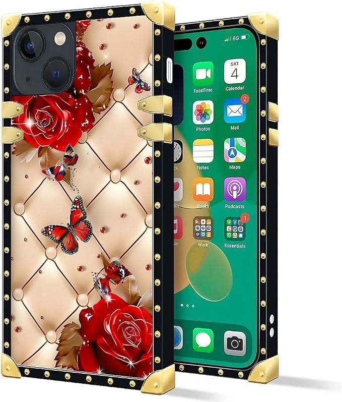 Compatible with iPhone 14 Case, Shining Red Rose Butterfly Leather Background - Image 2