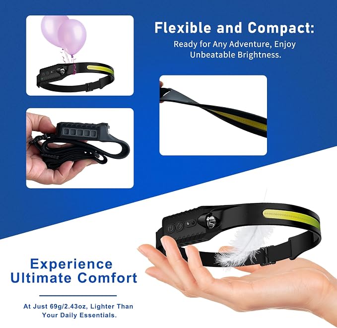 Headlamp Rechargeable, LED Head Lamp Flashlight, 230° Wide Beam Headband Light - Image 3