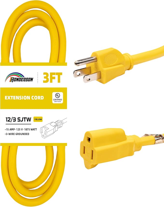 Extension Cord Weatherproof, UL Certified, 12 Gauge 3FT Yellow 3 Prong Heavy by HONDERSON