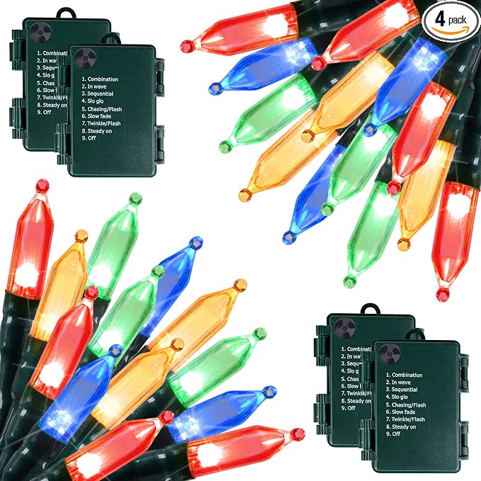 Christmas Lights Battery Operated 4 Pack 8 Feet 20 LED String Lights on Green by Brightown