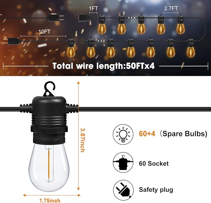 GvvooHome 200FT LED Outdoor String Lights Waterproof Patio Lights - Image 6