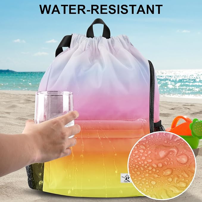 Drawstring Backpack with Mesh Pockets String Gym Bag Sackpack Sandproof Water - Image 3