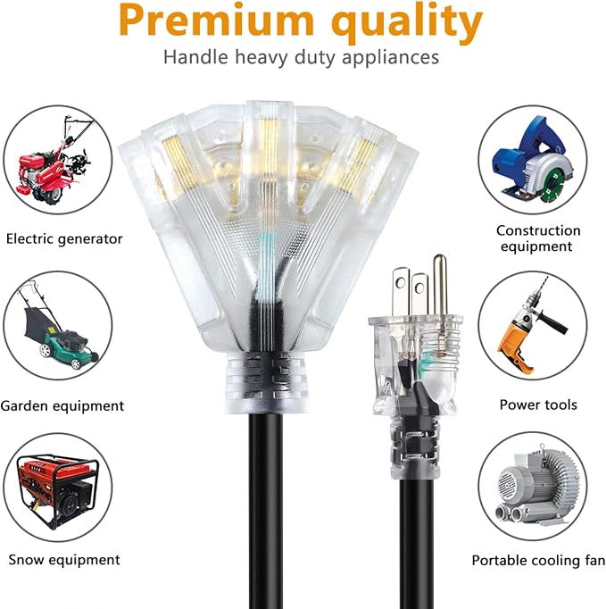 3FT 12/3 Extension Cord Heavy Duty Black 3-Outlet Indoor/Outdoor SJTW Lighted - Image 2