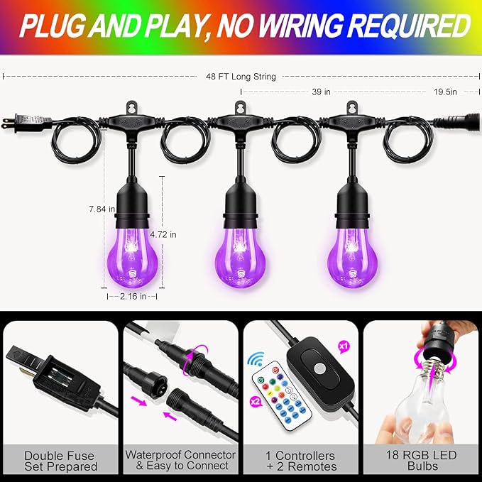 48FT Outdoor RGB String Lights, 16 Shatterproof Edison Bulbs, Dimmable Color - Image 6