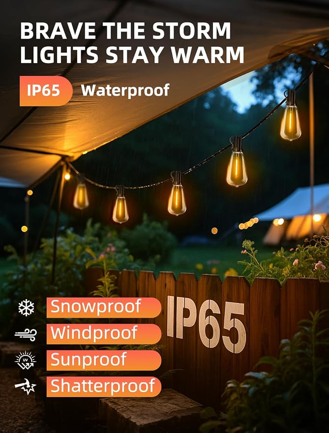 Outdoor Patio String Lights 50ft: ST38 LED Shatterproof Bulbs 3 Modes Button - Image 2