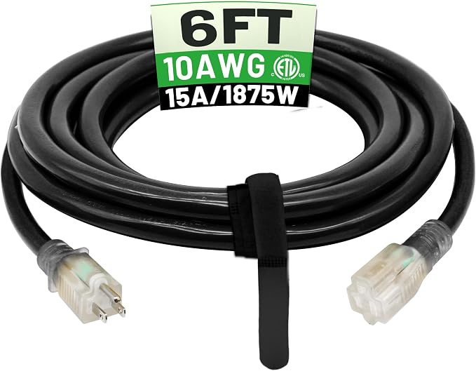POWGRN 6 Ft 10AWG Black Outdoor Extension Cord Waterproof Heavy Duty 10 Gauge 3 by POWGRN