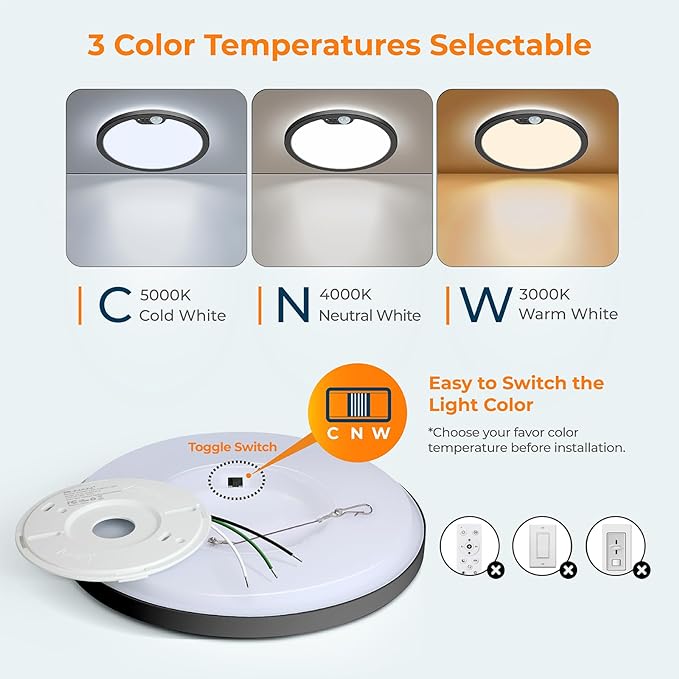 BLNAN Motion Sensor Ceiling Light Wired, 12 Inch 3000K 4000K 5000K Selectable - Image 2