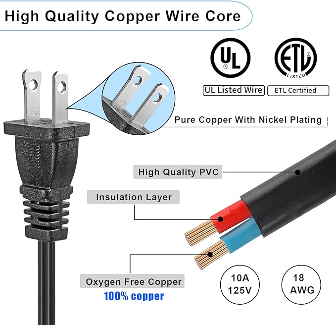 Long 2 Prong Extension Power Cord 16.5FT, Polarized Plug Flexible Power Cable - Image 2
