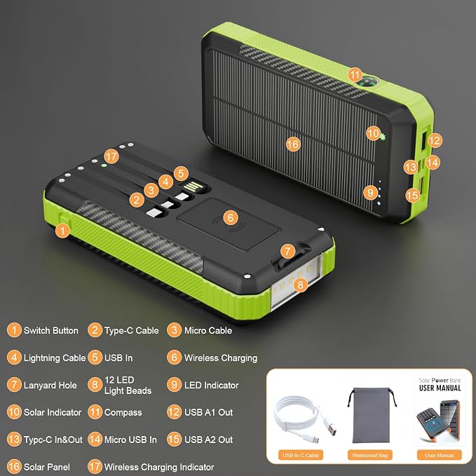 Solar Power Bank 33800mAh with Super Bright LED Flashlight, Built-in 4 Cables & - Image 6