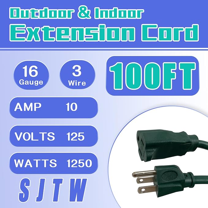 Indoor Outdoor Extension Cord 100 FT, 16/3 SJTW Weatherproof Green Electrical - Image 2