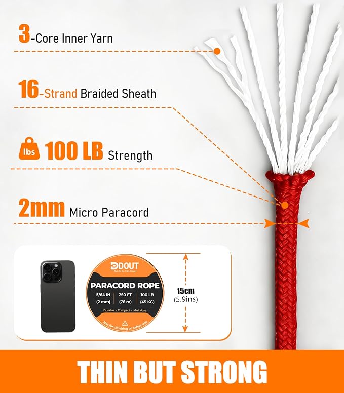 DDOUT 2mm Paracord 100lb, Thin Micro Paracord Rope, DIY Projects, Camping & - Image 2