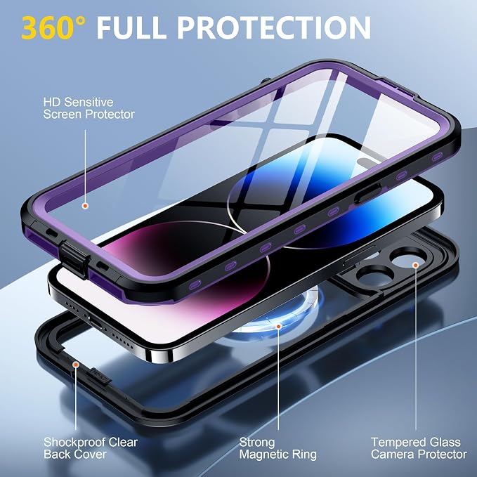 Red2Fire for iPhone 14 Pro Case Waterproof, Phone Case 6.1" Purple/Clear - Image 5