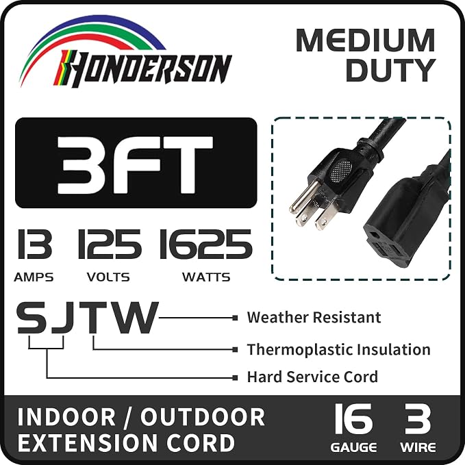 Extension Cord, UL Certified, 16 Gauge 3FT Black 3 Prong Heavy Duty, 16/3 SJTW - Image 2