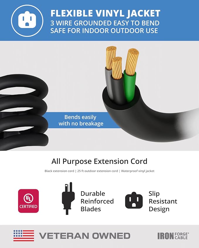 Iron Forge Cable 2 Pack 25 Ft Black Extension Cord, 25 Foot Extension Cord - Image 6