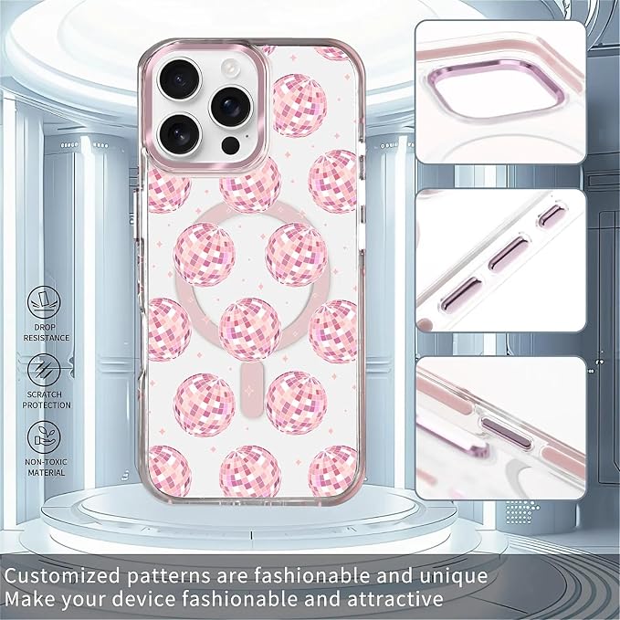 Case for iPhone 16 Pro Max, Disco Balls Pink Phone Case Design，for Women Girls - Image 2