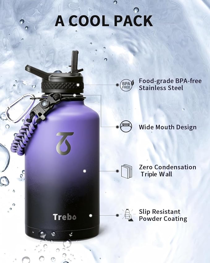 Trebo Water Bottle 64oz with Paracord Handle, Half Gallon Large Vacuum Triple - Image 6