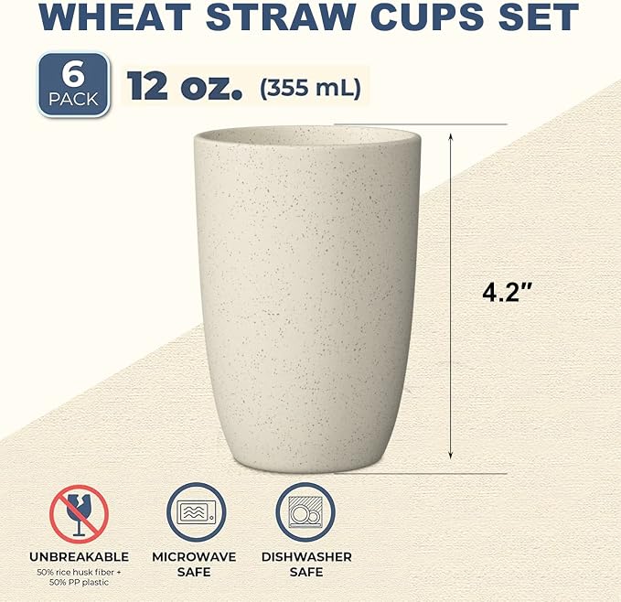 Wrova Wheat Straw Cups 6 PCS Good Alternative to Plastic Reusable Cups 12 oz - Image 2